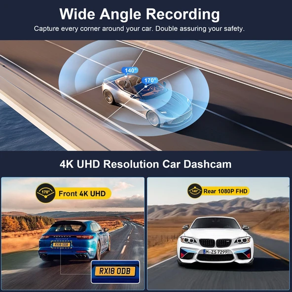 Ozmik 4k Cardshcam 170 Derece Geniş Açı 3 İnç IPS Araç Kamerası WiFi/Gece Görüşü/G-Sensör Ön/Arka - 3