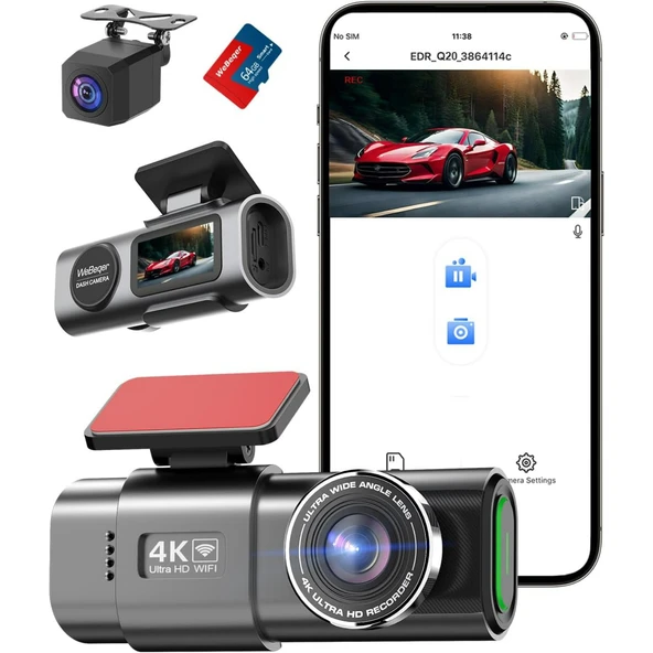 Ozmik D28 WiFi Dashcam Araç Ön Arka, 4K+1080P, Araç Kamerası Araç Kamerası 64GB SD KART HEDİYE ürün görseli