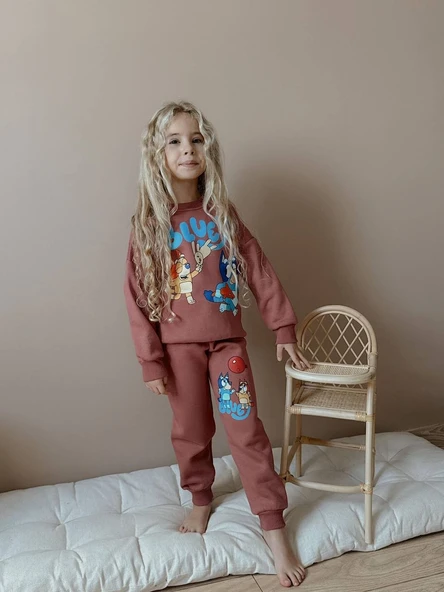 KIZ ÇOCUK BLUEY MODELLİ 3 İPLİK ŞARDONLU EŞOFMAN TAKIMI - Resim 5