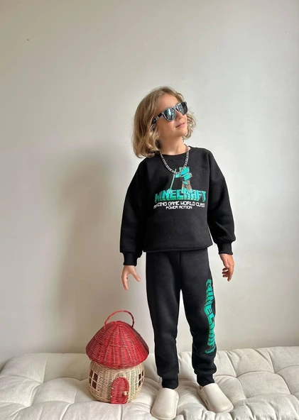 ERKEK ÇOCUK MİNECRAFT MODELLİ 3 İPLİK ŞARDONLU EŞOFMAN TAKIMI - Resim 4