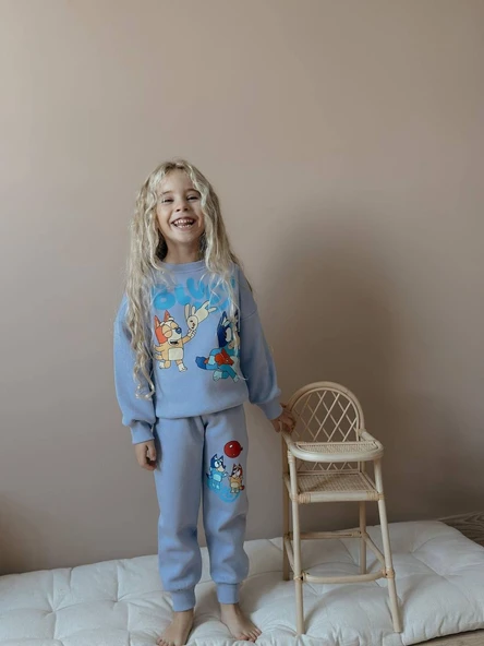 KIZ ÇOCUK BLUEY MODELLİ 3 İPLİK ŞARDONLU EŞOFMAN TAKIMI - Resim 3