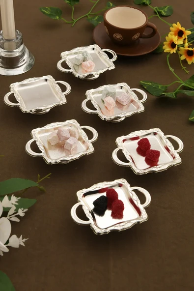 Mucit Home Mini Kulplu Kare Model Ayaklı lokumluk 6'lı Takım Gümüş - 1