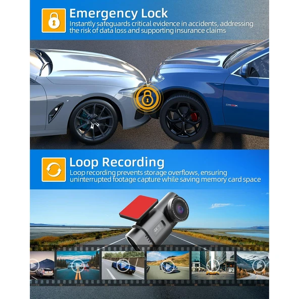 Ozmik D28 WiFi Dashcam Araç Ön Arka, 4K+1080P, Araç Kamerası Araç Kamerası 64GB SD KART HEDİYE - Resim 3