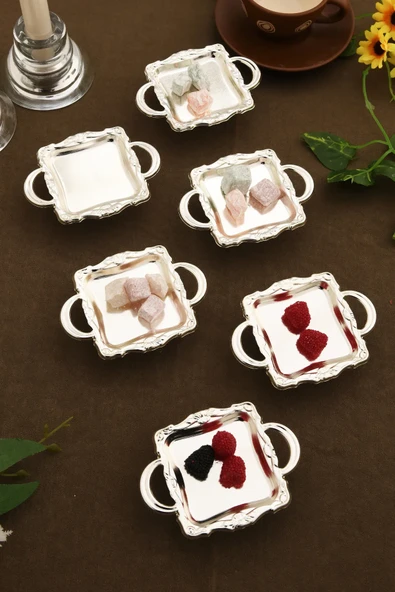 Mucit Home Mini Kulplu Kare Model Ayaklı lokumluk 6'lı Takım Gümüş - 3