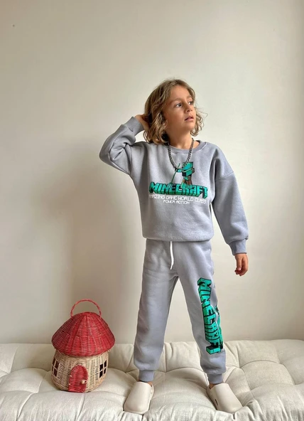 ERKEK ÇOCUK MİNECRAFT MODELLİ 3 İPLİK ŞARDONLU EŞOFMAN TAKIMI - Resim 2