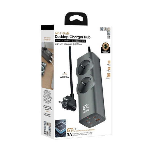 ZUIDID FC54 6in1 GAN Masaüstü Priz  Şarj Cihazı  1 x USB-A  3 x USB-C  2 x 220V - 2
