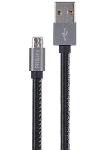 Kutu Hasarlı vPhilips 3A 60W UsbA to Micro Deri Kaplama Hızlı Şarj ve Data Kablosu 1.2m Siyah DLC2518B/97
