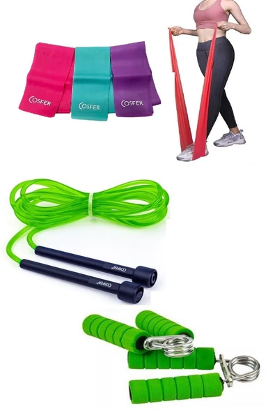 3'lü Set Aerobik Yoğa Egzersiz Pilates Bandı Seti Atlama Ipi El Parmak Bilek Kol Güçlendirme El Yayı