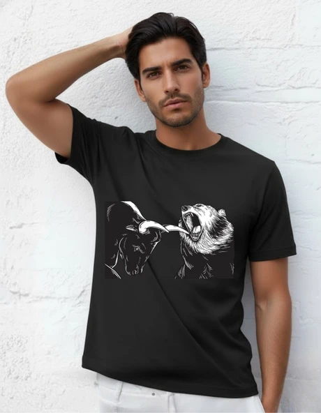 DEVISSO TRADERS Bear & Bull Fight - Traders, Borsaci Erkek Siyah T-Shirt