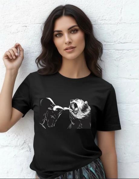 DEVISSO TRADERS Bear & Bull Fight - Traders, Borsaci Kadın Siyah T-Shirt