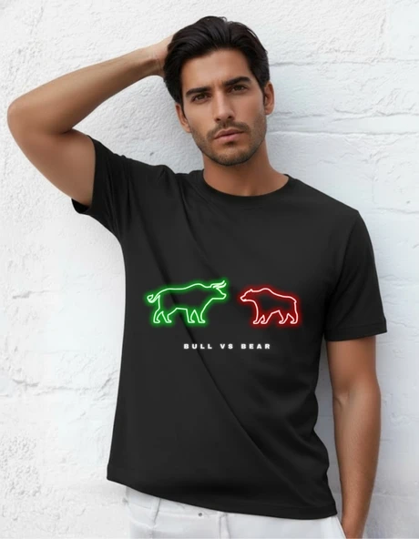 DEVISSO TRADERS Bull & Bear Neon - Traders, Borsaci Erkek Siyah T-Shirt