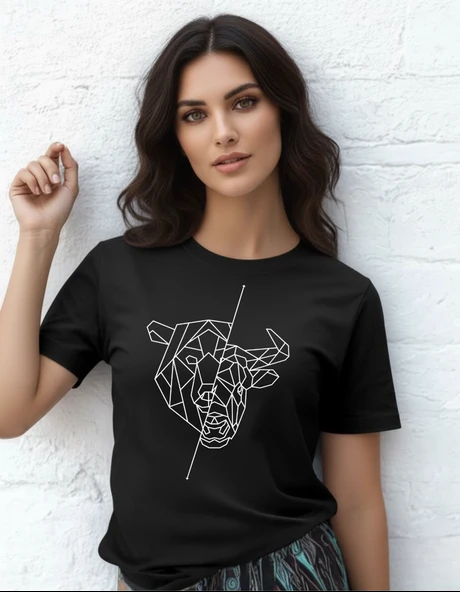 DEVISSO TRADERS Bull & Bear Heads - Traders, Borsaci Kadın Siyah T-Shirt