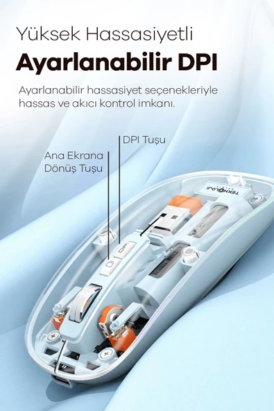 Bluetooth USB Çift Modlu Sessiz Mouse, Şeffaf Mıknatıslı Kapaklı, Type-C Şarjlı, DPI Ayarlı, Kablosuz 10m Çekim Mesafeli - Resim 3