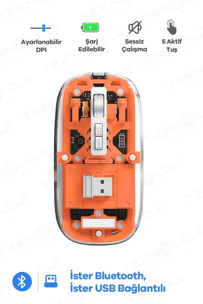 Bluetooth USB Çift Modlu Sessiz Mouse, Şeffaf Mıknatıslı Kapaklı, Type-C Şarjlı, DPI Ayarlı, Kablosuz 10m Çekim Mesafeli ürün görseli