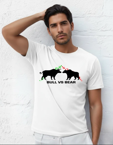 DEVISSO TRADERS Bull vs Bear - Traders, Borsaci Erkek Beyaz T-Shirt