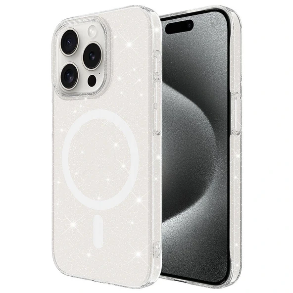 iPhone 15 Pro Max Kılıf M-safe Şarj Özellikli Simli Şeffaf Arka Yüzey Erdos Silikon Kapak ürün görseli