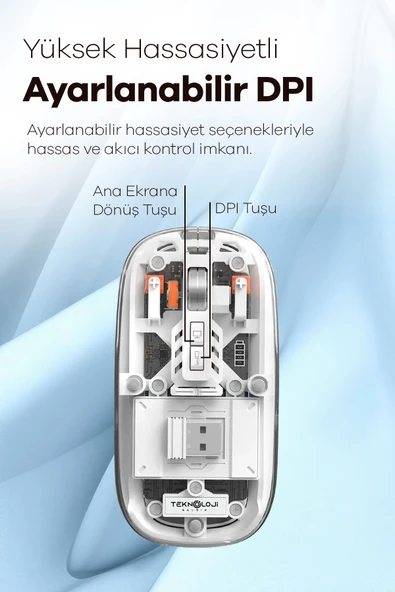Bluetooth USB Çift Modlu Sessiz Mouse, Şeffaf Mıknatıslı Kapaklı, Type-C Şarjlı, DPI Ayarlı, Kablosuz 10m Çekim Mesafeli - Resim 2