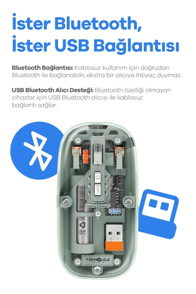 Bluetooth USB Çift Modlu Sessiz Mouse, Şeffaf Mıknatıslı Kapaklı, Type-C Şarjlı, DPI Ayarlı, Kablosuz 10m Çekim Mesafeli - Resim 2