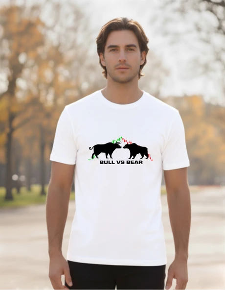 DEVISSO TRADERS Bull vs Bear - Traders, Borsaci Erkek Beyaz T-Shirt - 2