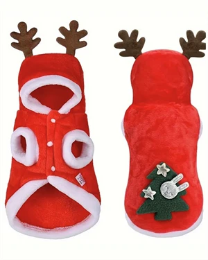 Noel Baba Geyiği Köpek Kostümü – Küçük Irk Evcil Hayvanlar İçin Polyester Kapüşonlu Çıtçıtlı Fleece Tatil Kıyafeti - Resim 2