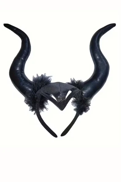 Retro Punk Cadılar Bayramı Boynuz Başlık – Kütahya Esintili Anime Pop Sanat Tasarım, Pluş Tüy Detaylı, Kırmızı & Siyah - Resim 2