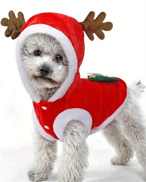 Noel Baba Geyiği Köpek Kostümü – Küçük Irk Evcil Hayvanlar İçin Polyester Kapüşonlu Çıtçıtlı Fleece Tatil Kıyafeti ürün görseli 1