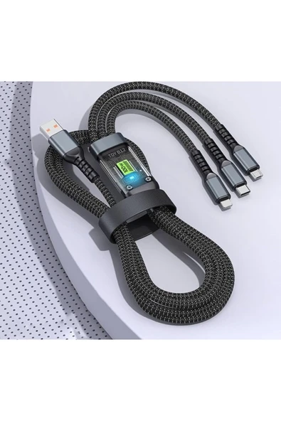 3in1 100w Hızlı Şarj Ve Data Kablosu, 1.2m Halat Örgü Kırılmaz Uç, Usb-c Lightning Micro Uyumlu, Dayanıklı Çoklu Cihaz Şarj Kablosu - Resim 5