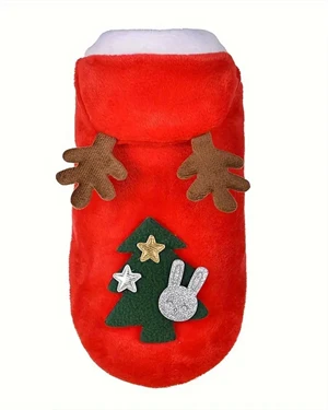 Noel Baba Geyiği Köpek Kostümü – Küçük Irk Evcil Hayvanlar İçin Polyester Kapüşonlu Çıtçıtlı Fleece Tatil Kıyafeti - Resim 4