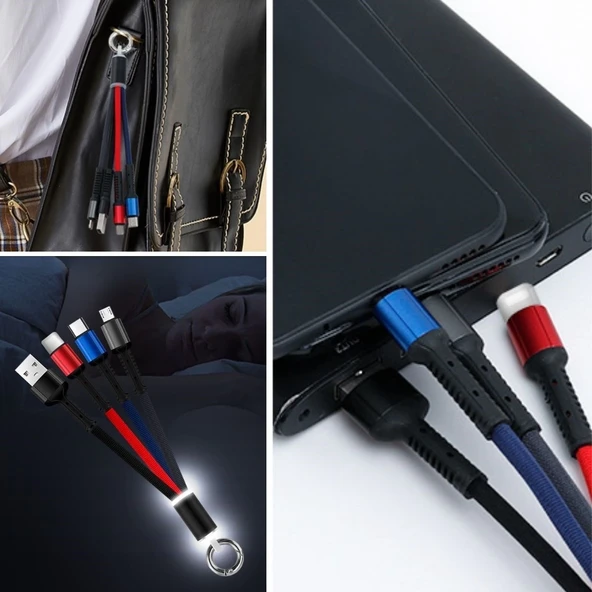 Işıklı Anahtarlık Model 3 İn 1 Usb Çıkışlı Mikro,type-c Ve İphone Uyumlu Şarj Kablosu ürün görseli 1