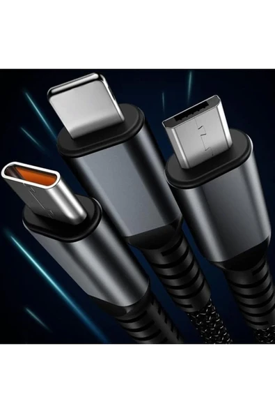 3in1 100w Hızlı Şarj Ve Data Kablosu, 1.2m Halat Örgü Kırılmaz Uç, Usb-c Lightning Micro Uyumlu, Dayanıklı Çoklu Cihaz Şarj Kablosu - Resim 3