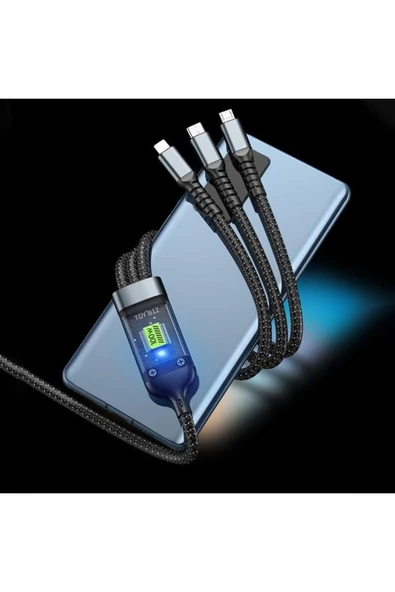 3in1 100w Hızlı Şarj Ve Data Kablosu, 1.2m Halat Örgü Kırılmaz Uç, Usb-c Lightning Micro Uyumlu, Dayanıklı Çoklu Cihaz Şarj Kablosu - Resim 2