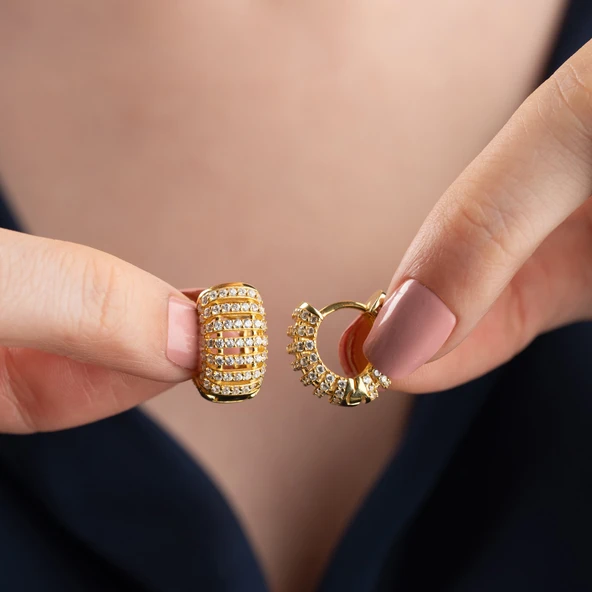 925 Ayar Gümüş Bombeli Taşlı Halka Küpe - Resim 5