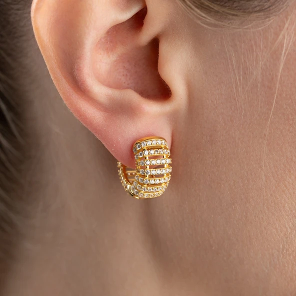 925 Ayar Gümüş Bombeli Taşlı Halka Küpe - Resim 3