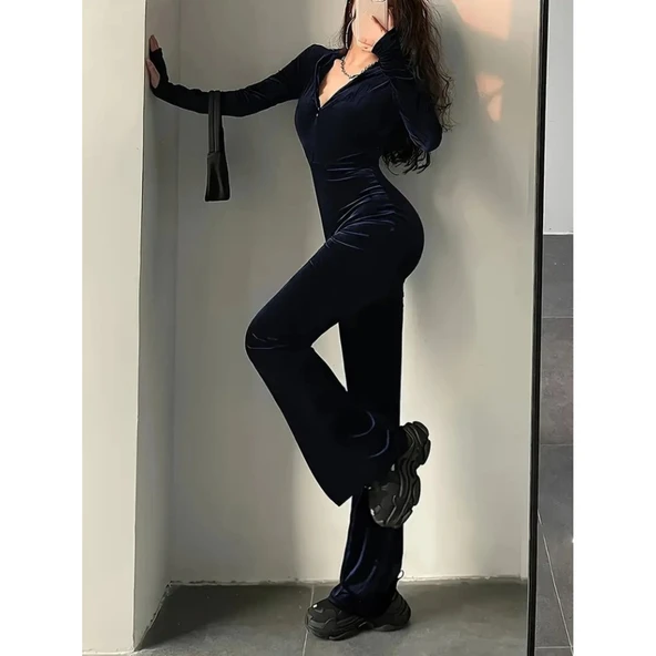 Lucky Life Kadın Uzun Kollu Kapşonlu Fermuarlı Kadife Tulum - 3