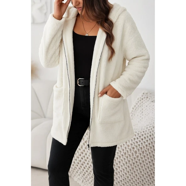 Lucky Life Kadın Uzun Kollu Kapşonlu önden Fermuarlı Cepli Welsoft Ceket - Resim 2