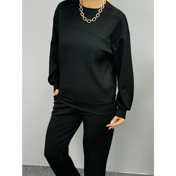 Lucky Life Kadın Uzun Kollu Bisiklet Yaka Viskon Iki Iplik Bluz Ve Pantolon Ikili Takım - 3