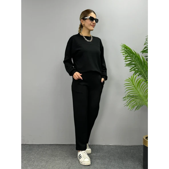 Lucky Life Kadın Uzun Kollu Bisiklet Yaka Viskon Iki Iplik Bluz Ve Pantolon Ikili Takım - 5