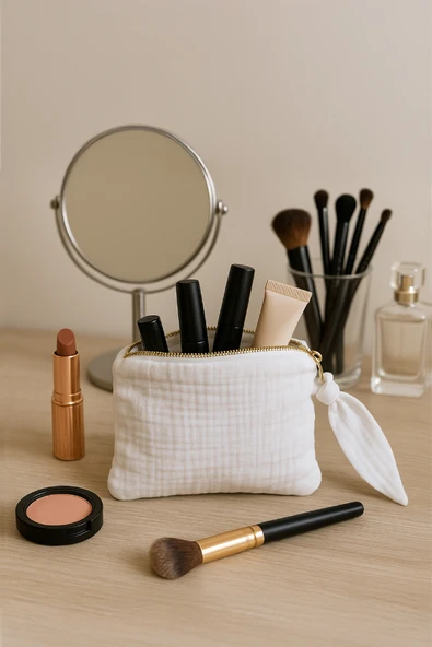 Müslin Dolgulu Doğal Makyaj Çantası – Kozmetik Organizeri 20x15 cm - ZTMCANTA  Beyaz - 4