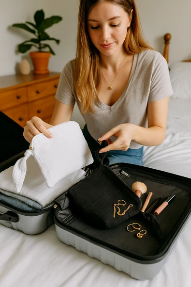 Müslin Dolgulu Doğal Makyaj Çantası – Kozmetik Organizeri 20x15 cm - ZTMCANTA Beyaz - 7