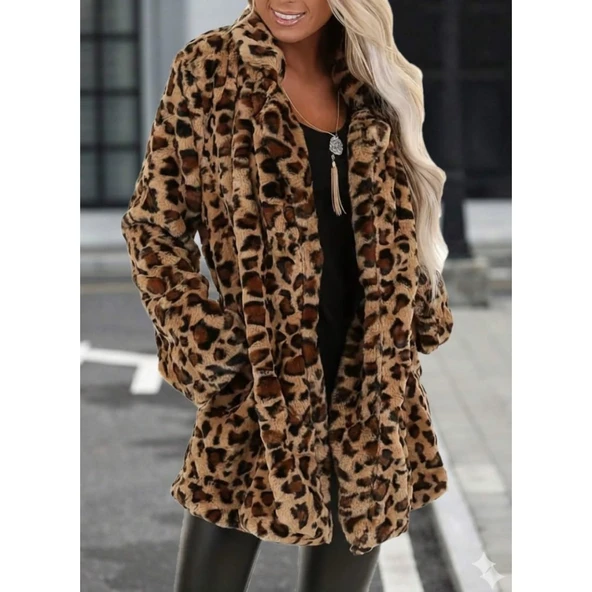Lucky Life Kadın Uzun Kollu Yakalı Cepli Kısa Peluş Leopar Kaban - Resim 2