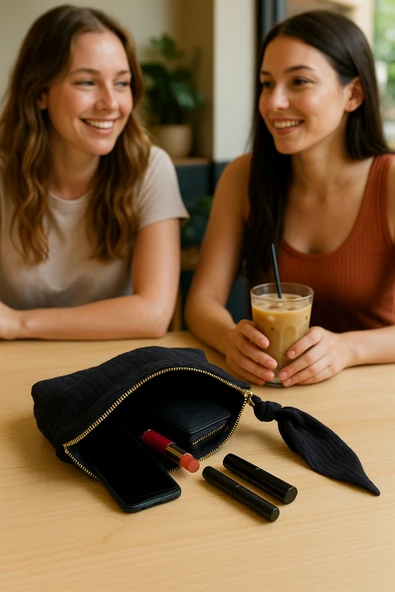 Müslin Dolgulu Doğal Makyaj Çantası – Kozmetik Organizeri 20x15 cm - ZTMCANTA  siyah - 3