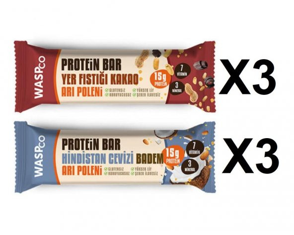 WaspCo Sporcu Protein Bar 50 gr 6 Adet Yer Fıstığı & Kakao ve Hindistan Cevizi