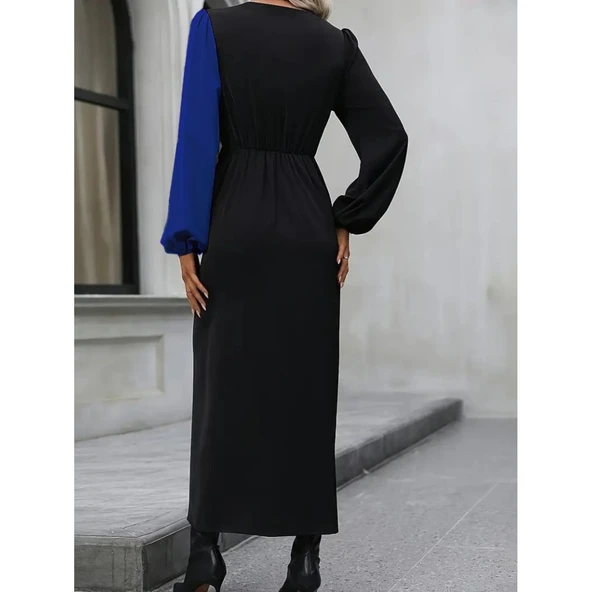 Lucky Life Kadın Uzun Kollu Kruvaze Yakalı Belden çapraz Detaylı çift Renkli Midi Ithal Krep Elbise - 6