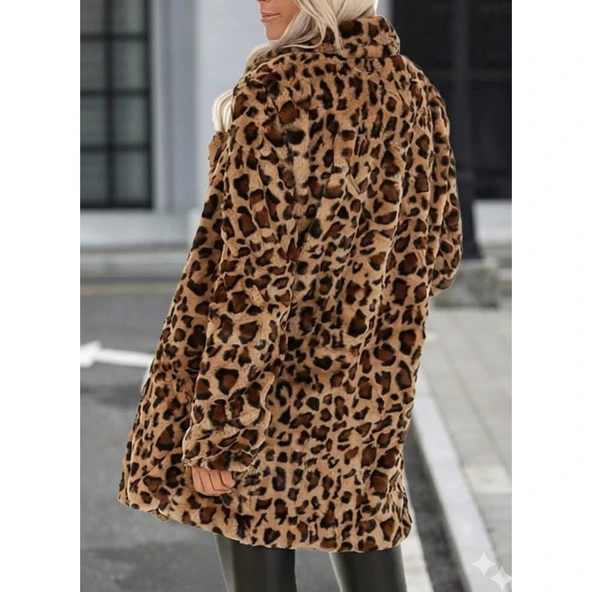 Lucky Life Kadın Uzun Kollu Yakalı Cepli Kısa Peluş Leopar Kaban - Resim 3