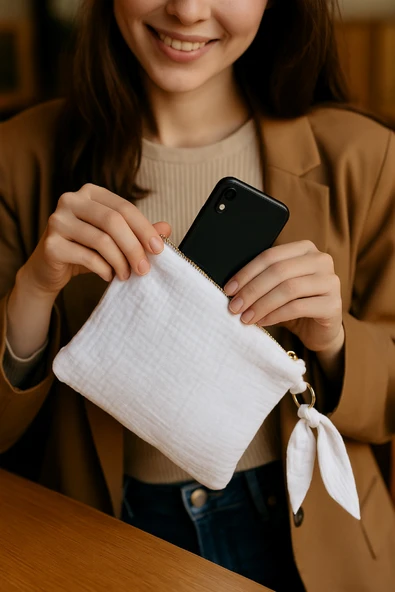 Müslin Dolgulu Doğal Makyaj Çantası – Kozmetik Organizeri 20x15 cm - ZTMCANTA Beyaz - 2