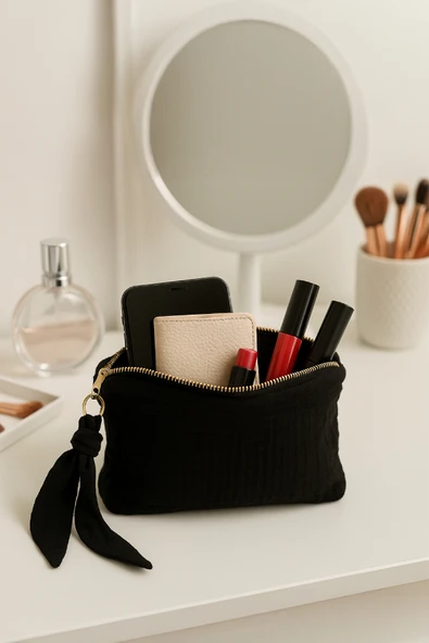 Müslin Dolgulu Doğal Makyaj Çantası – Kozmetik Organizeri 20x15 cm - ZTMCANTA  siyah