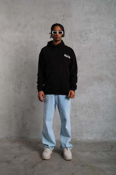 Lucky Life Erkek Oversize Üç İplik Kapüşonlu Sweat – Siyah Kol Ve Etek Ribana Detaylı, Ön Ve Sırt Baskılı, Kanguru Cepli Rahat Kalıp Model - Resim 6