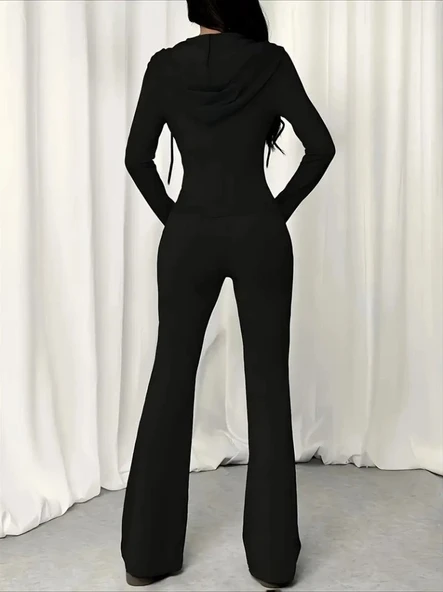 Lucky Life Kadın Uzun Kollu Kapşonlu Bağcıklı önü Fermuarlı Viskon Iki Iplik Bluz Ve Pantolon Ikili Takım - Resim 4