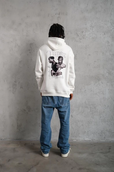Lucky Life Erkek Oversize Üç İplik Kapüşonlu Sweat – Kol Ve Etek Ribana Detaylı, Ön Ve Sırt Baskılı, Kanguru Cepli Rahat Kalıp Model - Beyaz - Resim 2