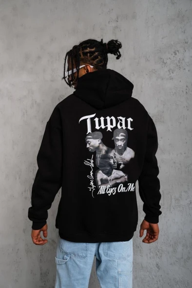 Lucky Life Erkek Oversize Üç İplik Kapüşonlu Sweat – Siyah Kol Ve Etek Ribana Detaylı, Ön Ve Sırt Baskılı, Kanguru Cepli Rahat Kalıp Model - Resim 3